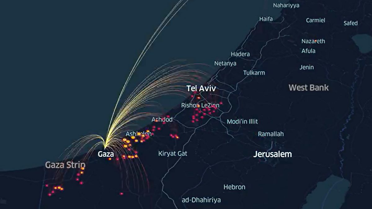 Časosběrná vizualizace ukazuje, jak se Izrael neustále brání raketám Hamásu